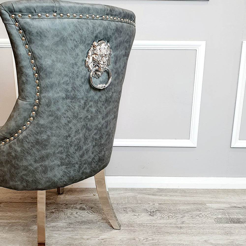 Megan dining Chair Dark Grey Leather with Lion Knocker