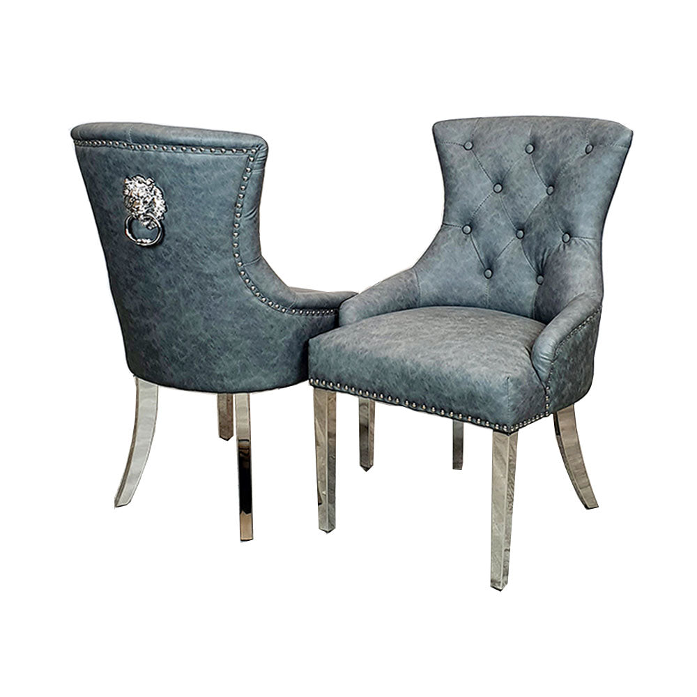 Megan dining Chair Dark Grey Leather with Lion Knocker