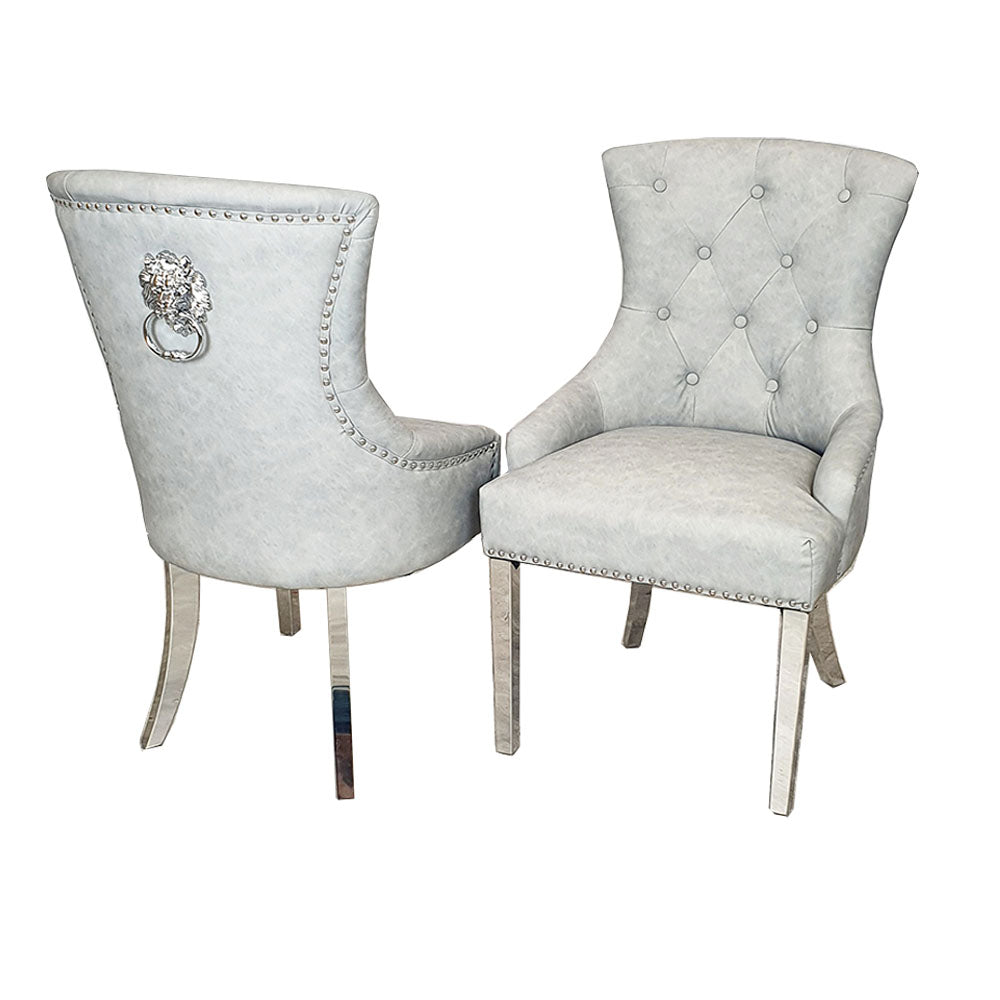 Megan dining Chair Light Grey Leather with Lion Knocker